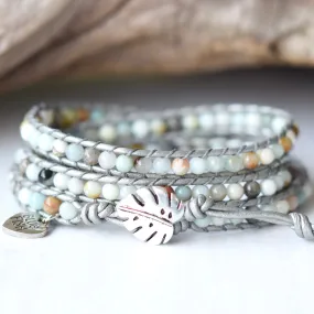 Amazonite & Silver Leather Wrap Bracelet