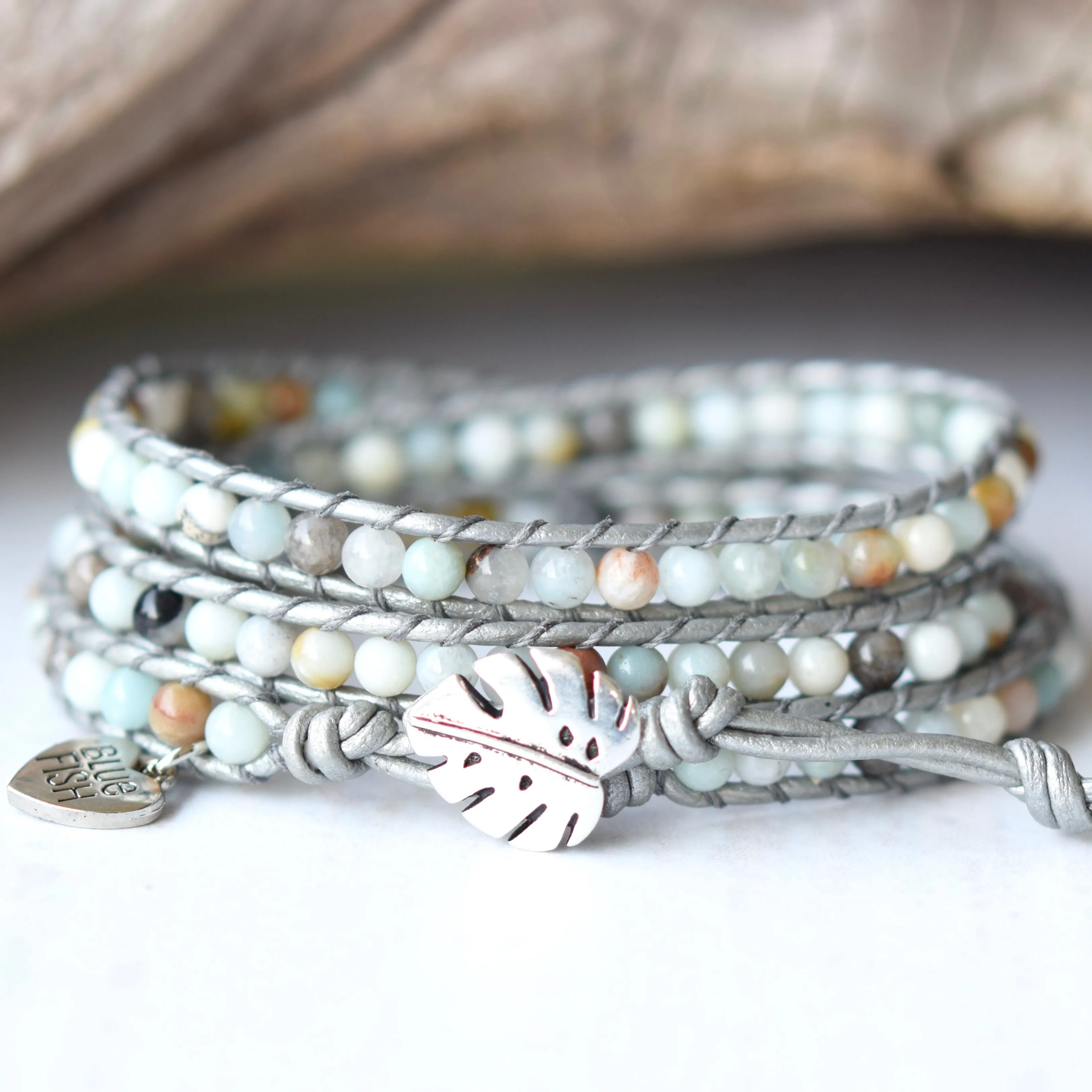 Amazonite & Silver Leather Wrap Bracelet