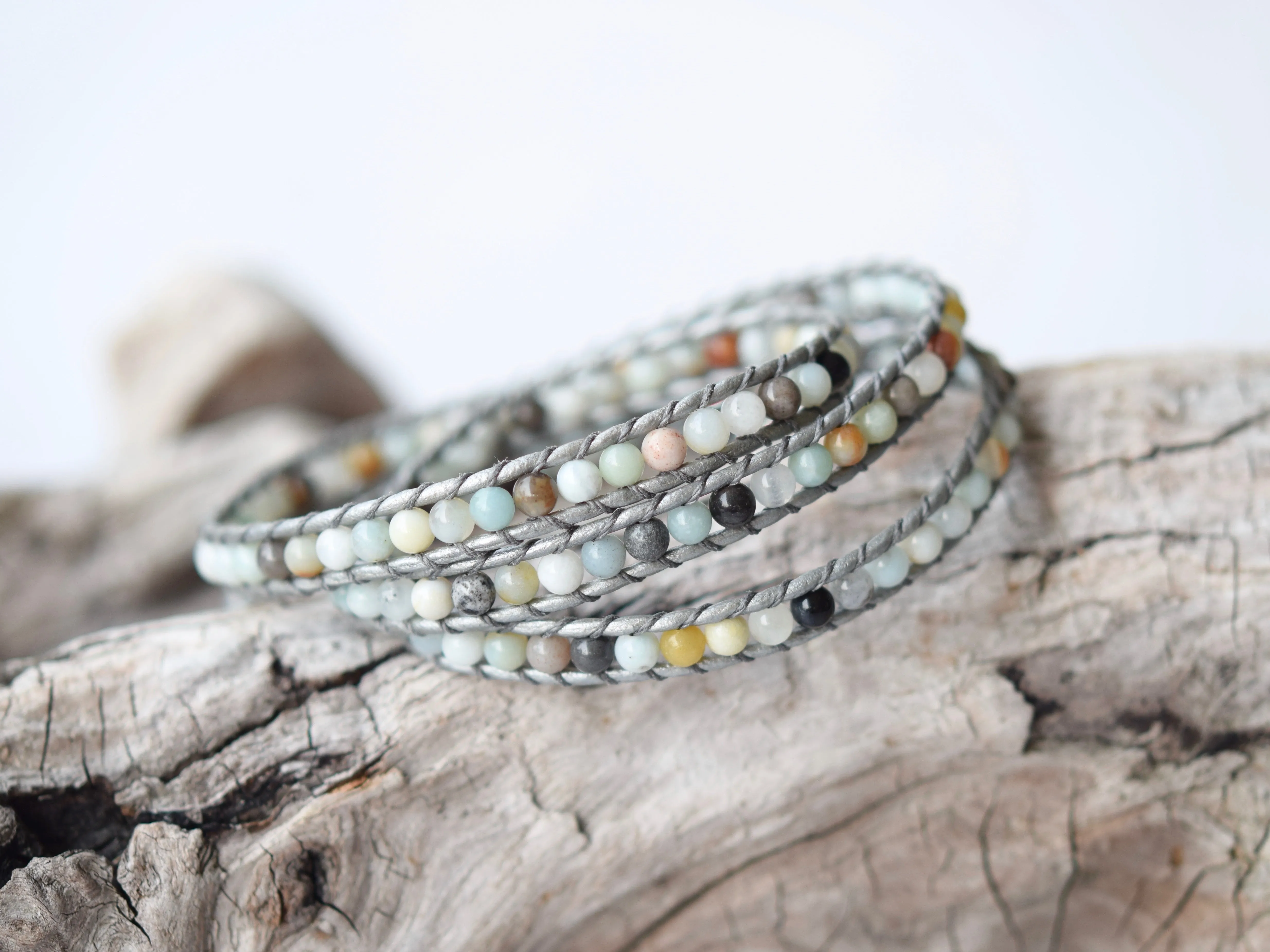 Amazonite & Silver Leather Wrap Bracelet