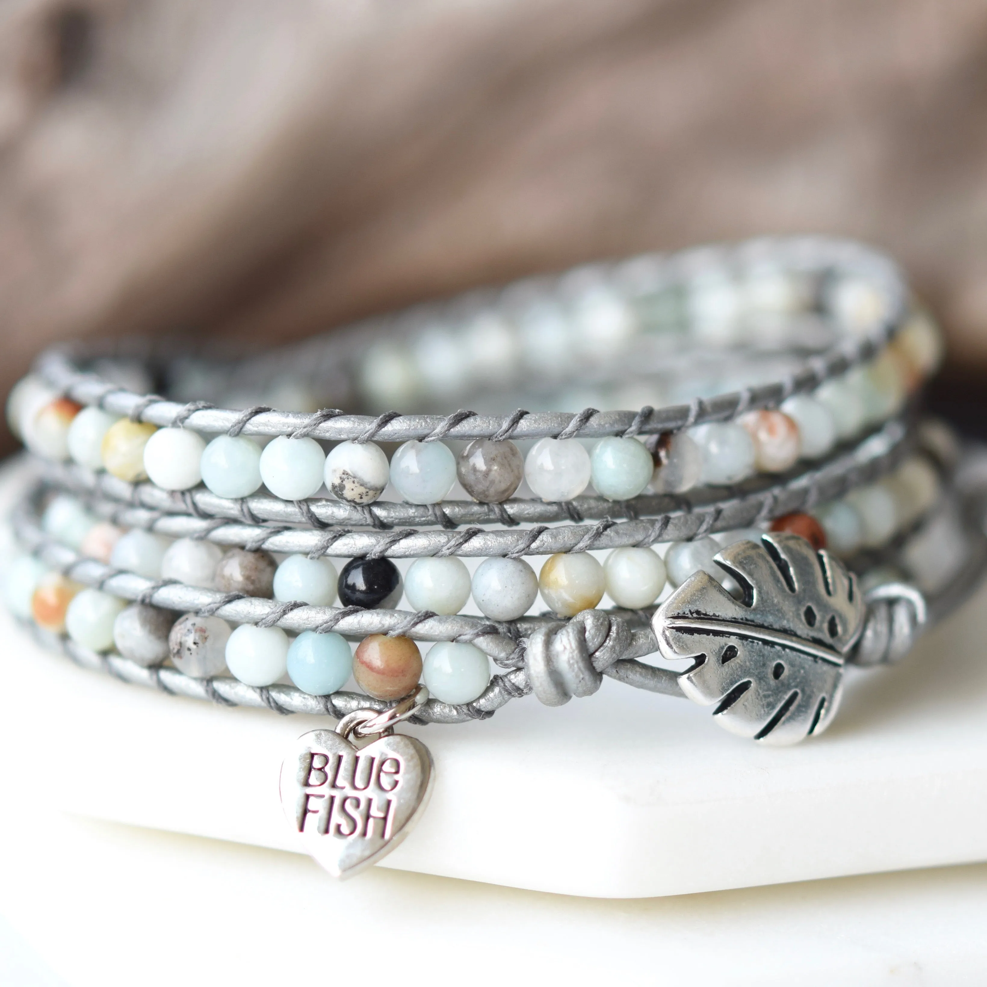 Amazonite & Silver Leather Wrap Bracelet
