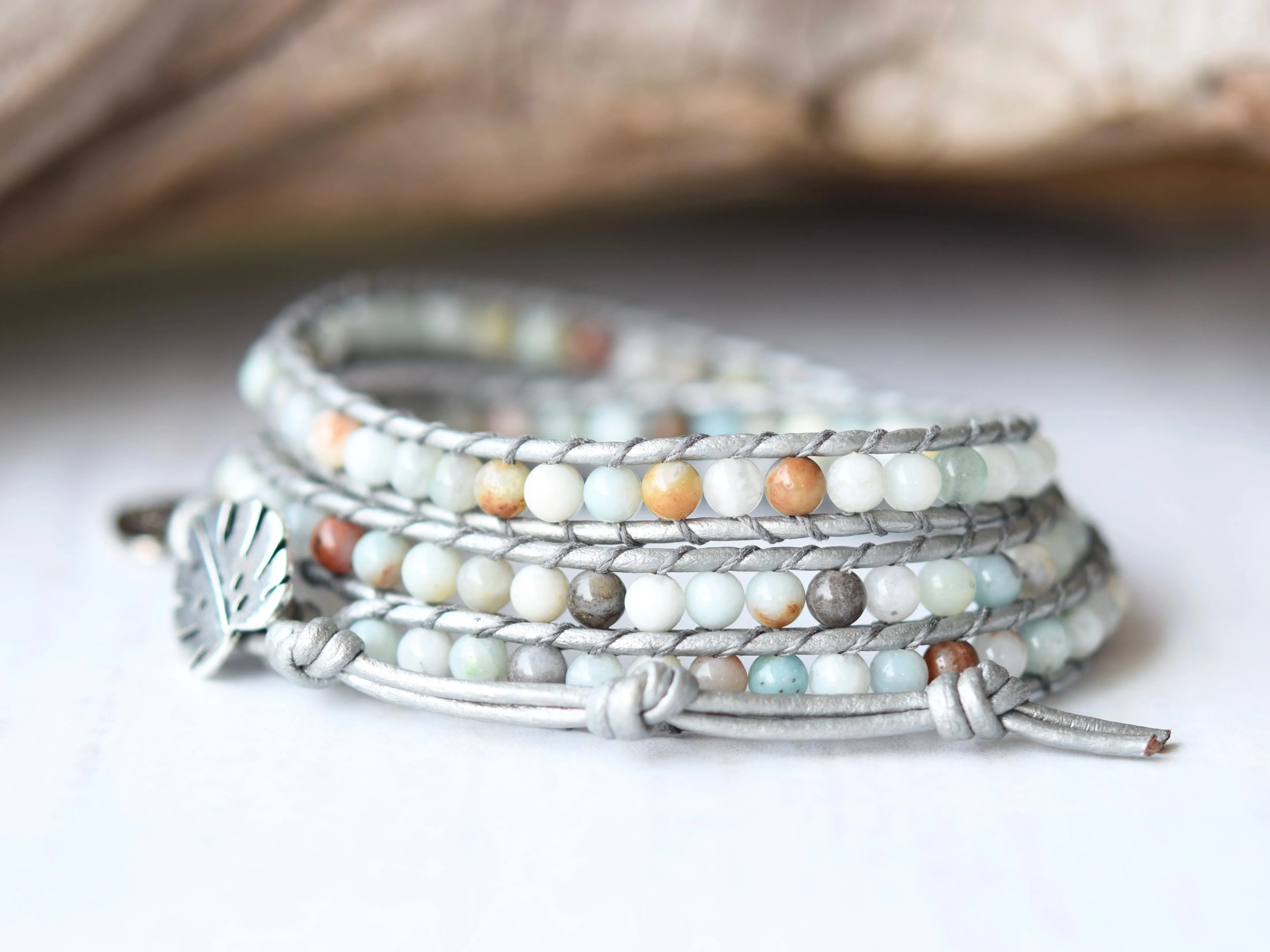 Amazonite & Silver Leather Wrap Bracelet