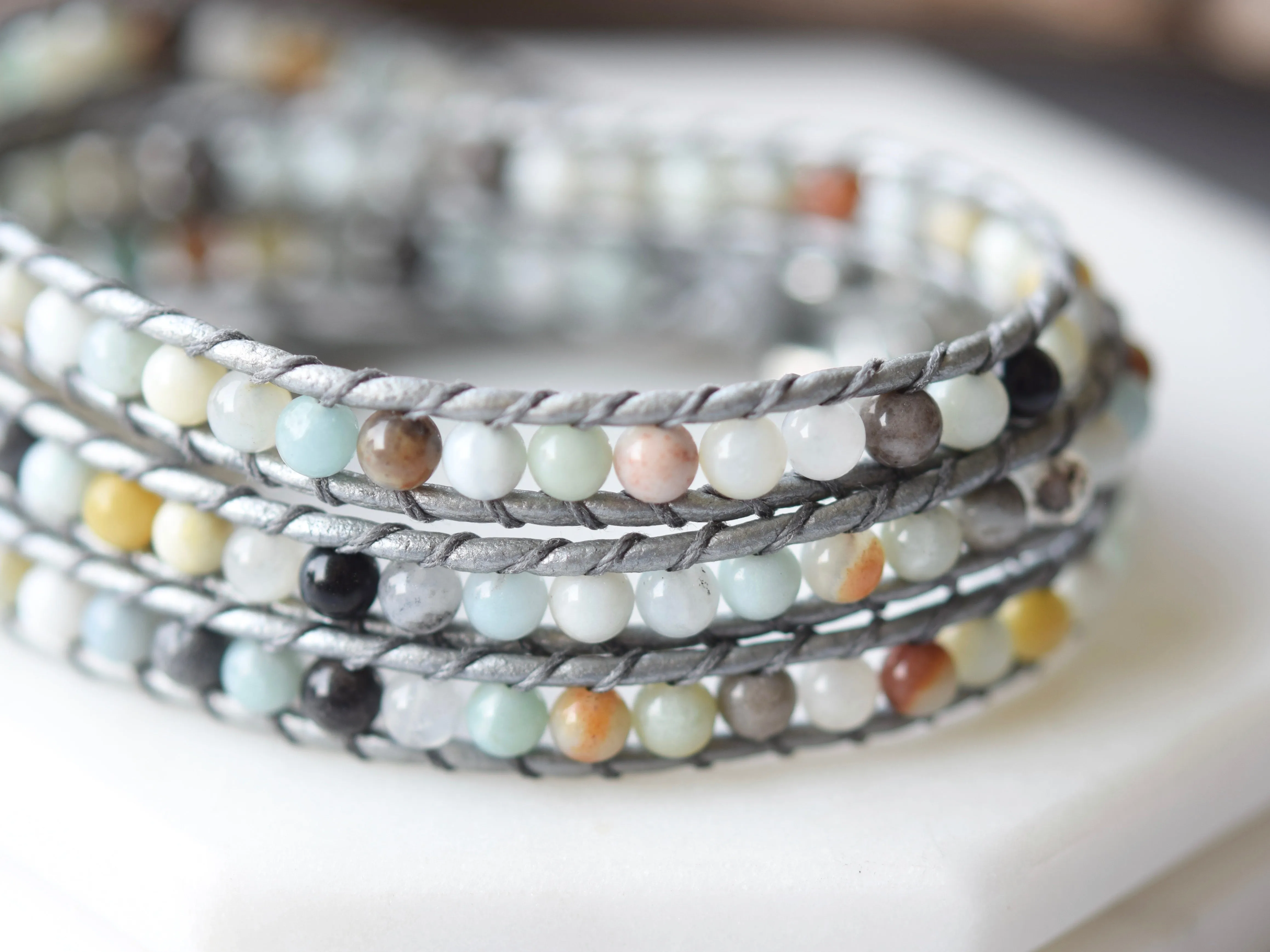 Amazonite & Silver Leather Wrap Bracelet