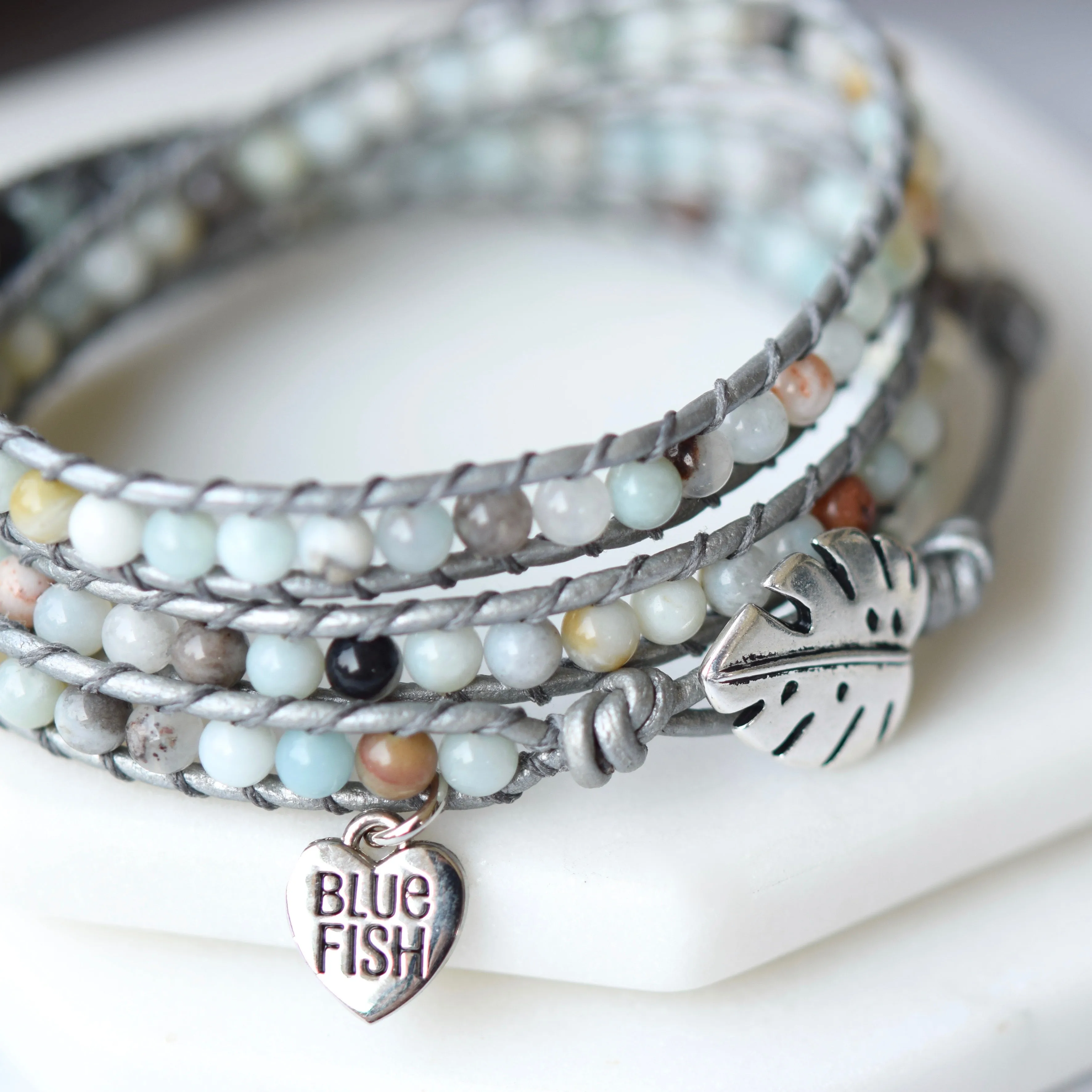 Amazonite & Silver Leather Wrap Bracelet