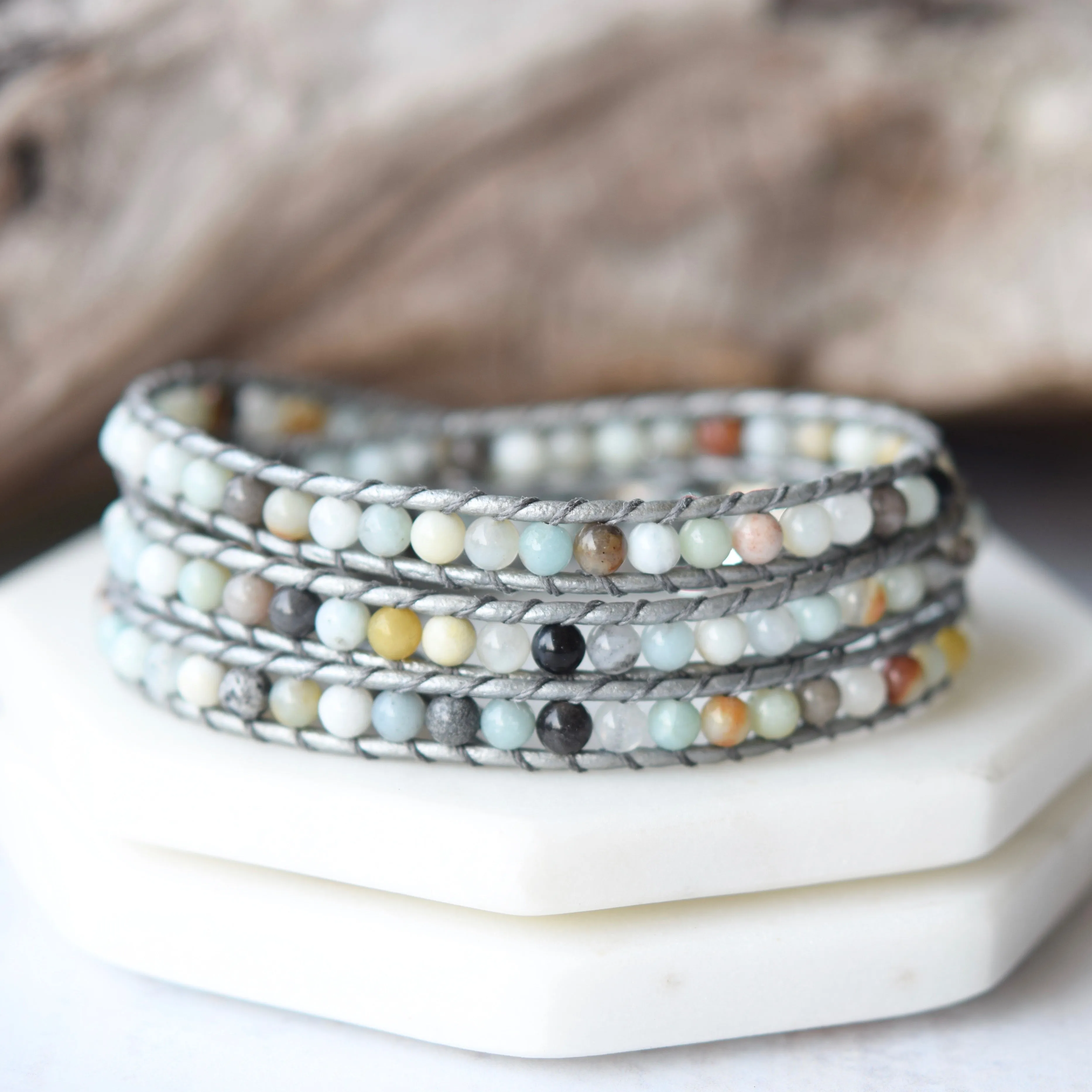 Amazonite & Silver Leather Wrap Bracelet