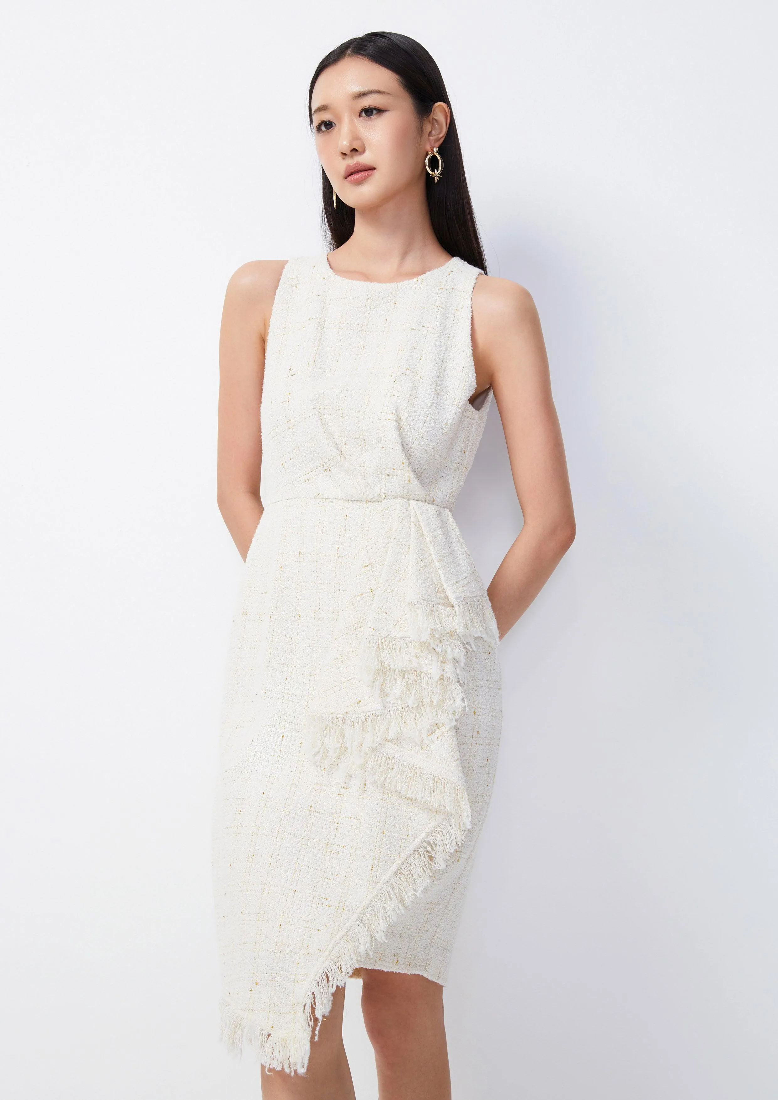 Asymmetric Tweed Midi Dress
