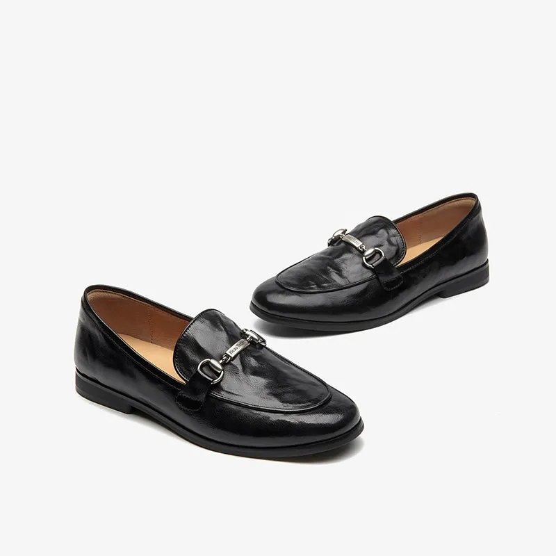 BeauToday Round Toe Womens Loafers Classic calfskin Flats with Metal Buckle