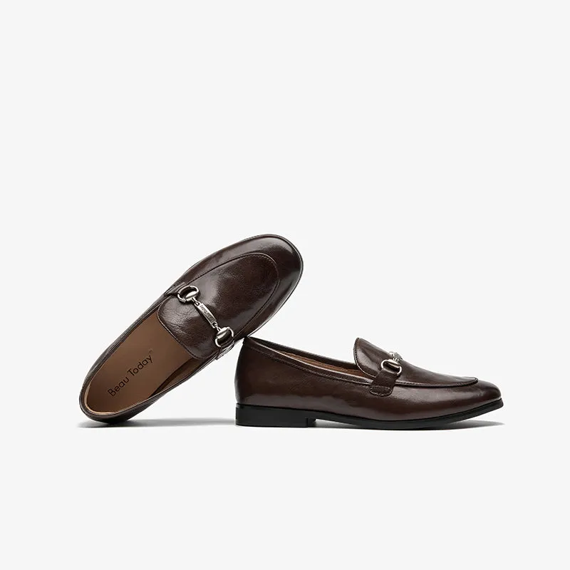BeauToday Round Toe Womens Loafers Classic calfskin Flats with Metal Buckle