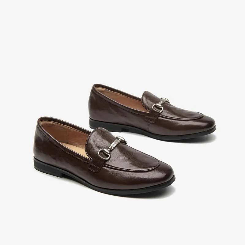 BeauToday Round Toe Womens Loafers Classic calfskin Flats with Metal Buckle