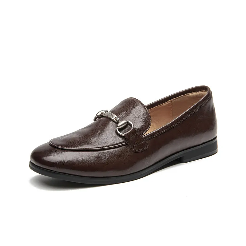BeauToday Round Toe Womens Loafers Classic calfskin Flats with Metal Buckle