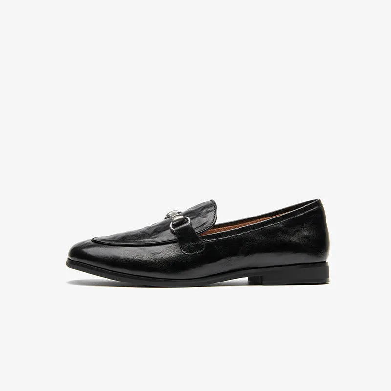 BeauToday Round Toe Womens Loafers Classic calfskin Flats with Metal Buckle