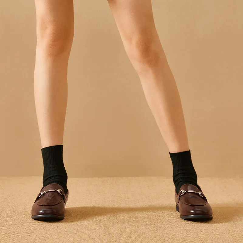 BeauToday Round Toe Womens Loafers Classic calfskin Flats with Metal Buckle