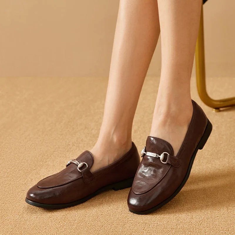 BeauToday Round Toe Womens Loafers Classic calfskin Flats with Metal Buckle