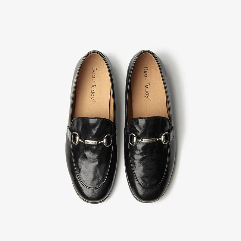 BeauToday Round Toe Womens Loafers Classic calfskin Flats with Metal Buckle