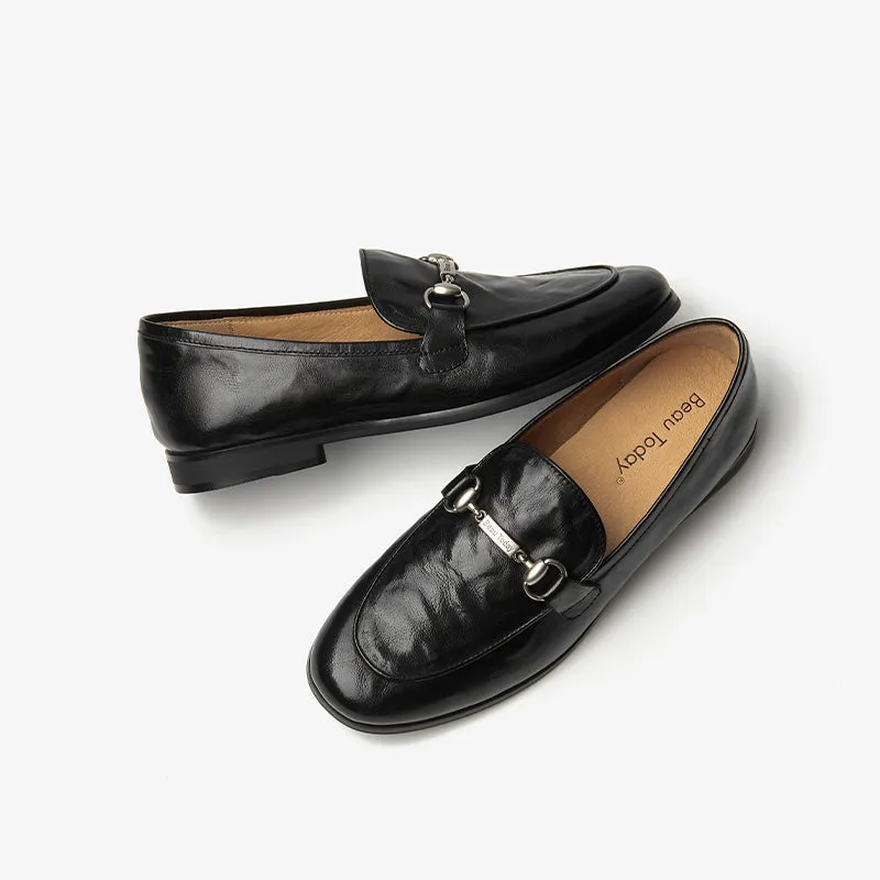 BeauToday Round Toe Womens Loafers Classic calfskin Flats with Metal Buckle