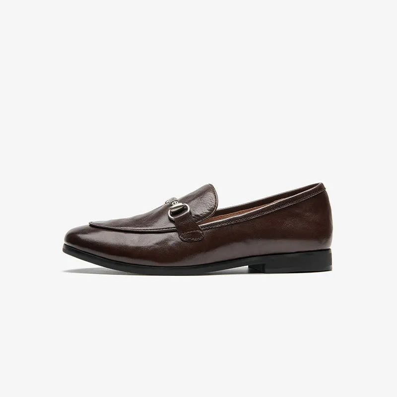 BeauToday Round Toe Womens Loafers Classic calfskin Flats with Metal Buckle