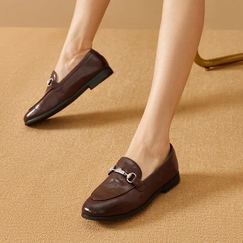 BeauToday Round Toe Womens Loafers Classic calfskin Flats with Metal Buckle