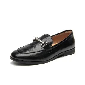BeauToday Round Toe Womens Loafers Classic calfskin Flats with Metal Buckle