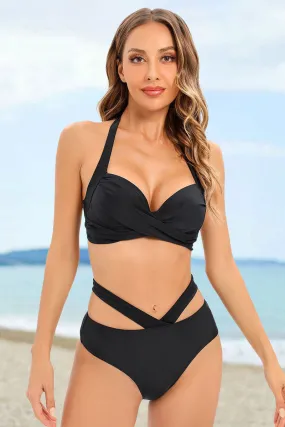 Black Halter Collar Front Wrap Feminine V-Waist Bikini
