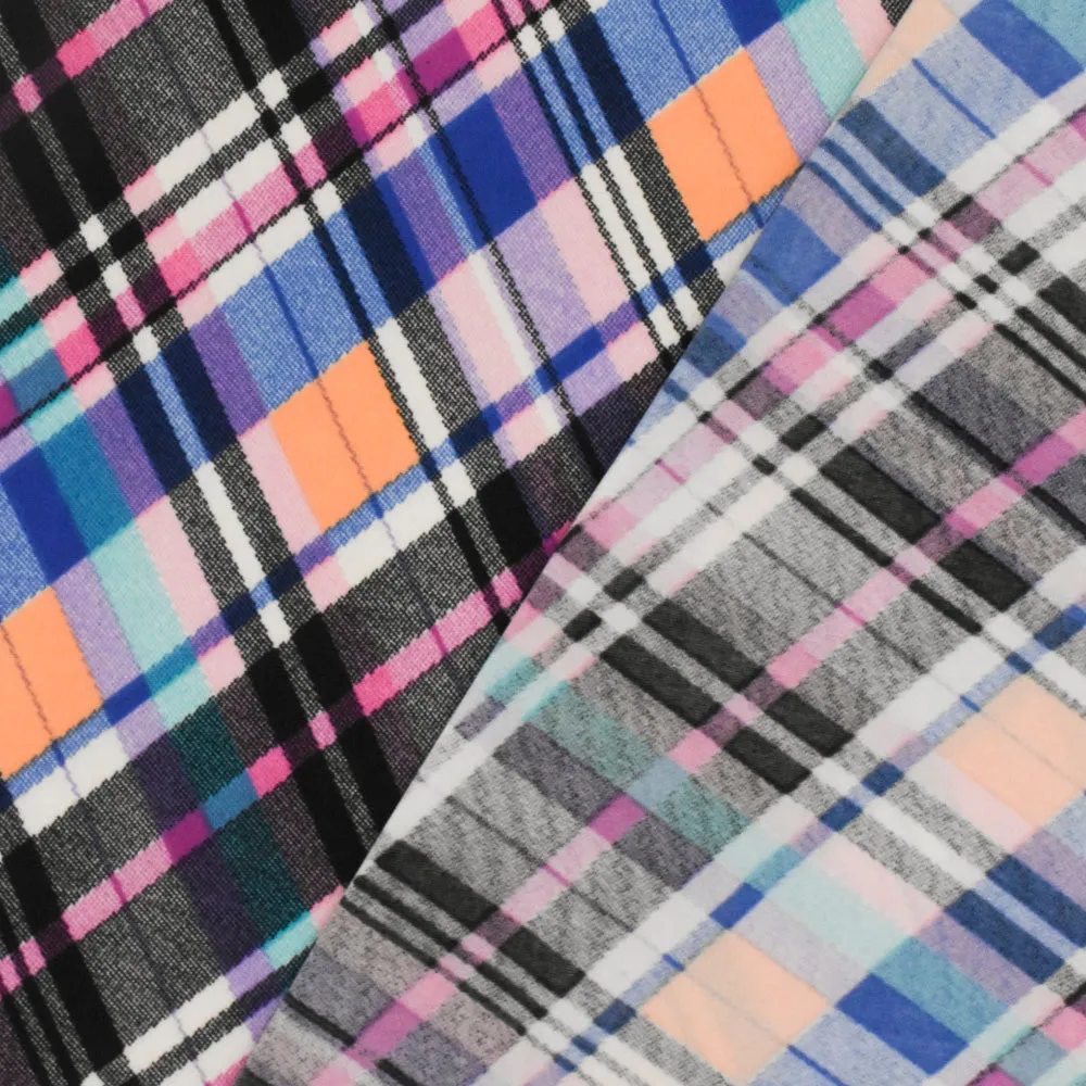 Black-Purple-Multi Plaid Printed Stretch Polyspan Jersey Knit Fabric