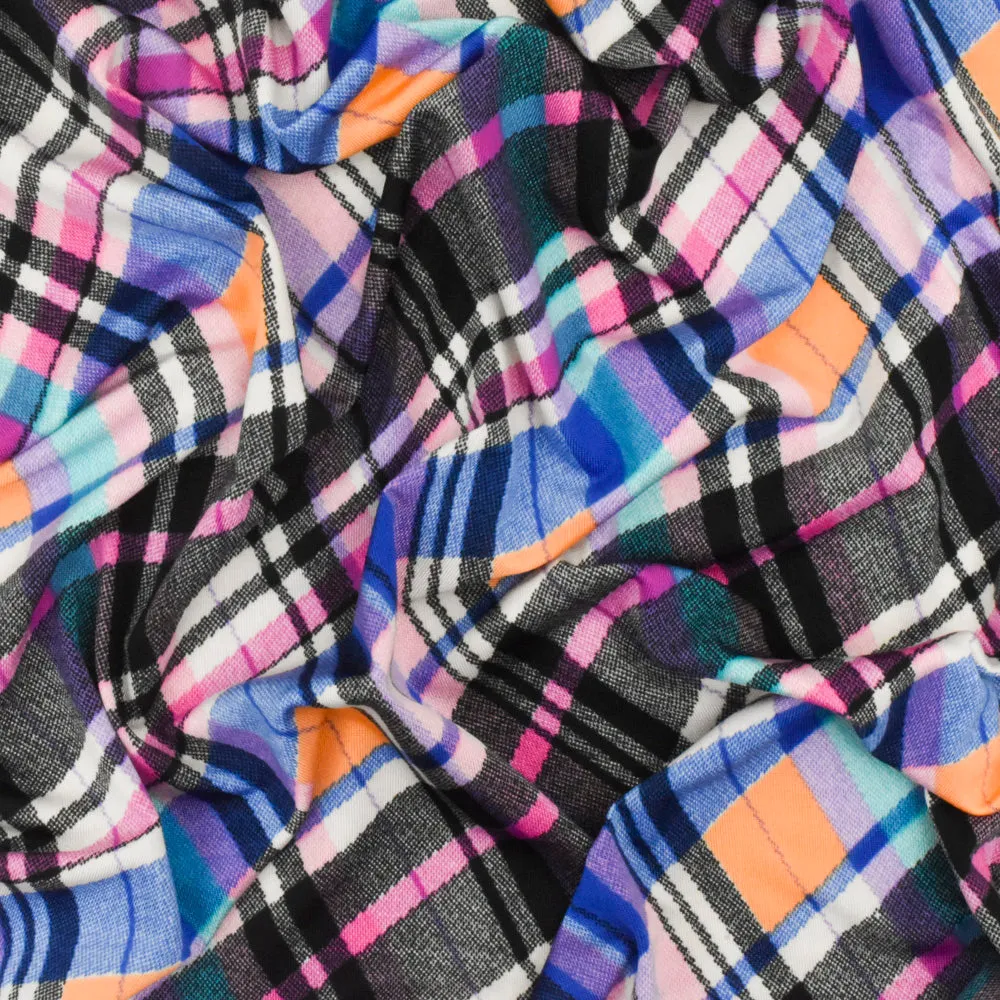 Black-Purple-Multi Plaid Printed Stretch Polyspan Jersey Knit Fabric