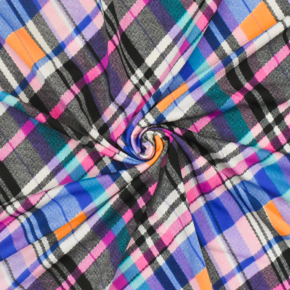 Black-Purple-Multi Plaid Printed Stretch Polyspan Jersey Knit Fabric