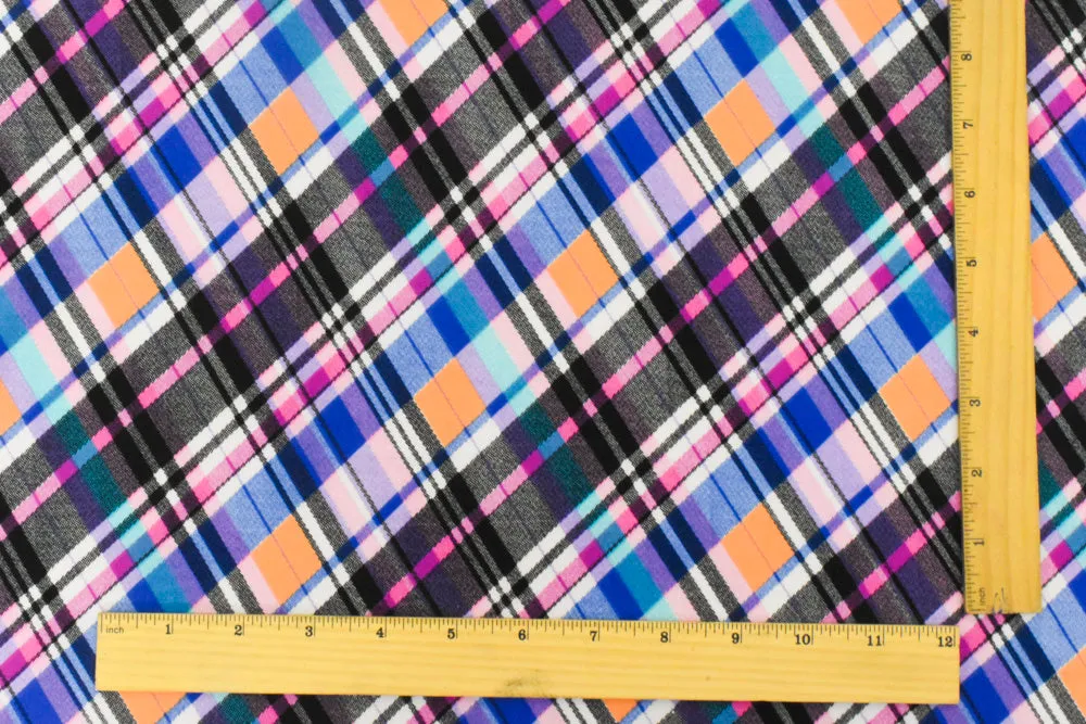 Black-Purple-Multi Plaid Printed Stretch Polyspan Jersey Knit Fabric