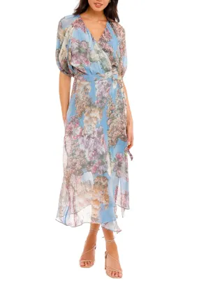 Blue Floral Silk Wrap Dress