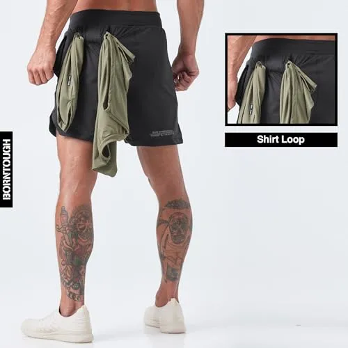 Born Tough 2 in 1 Mens Workout Shorts, 7 Inch Inseam Gym Shorts, Athletic Shorts for Bodybuilding, Running with Liner Pocket Ink Black