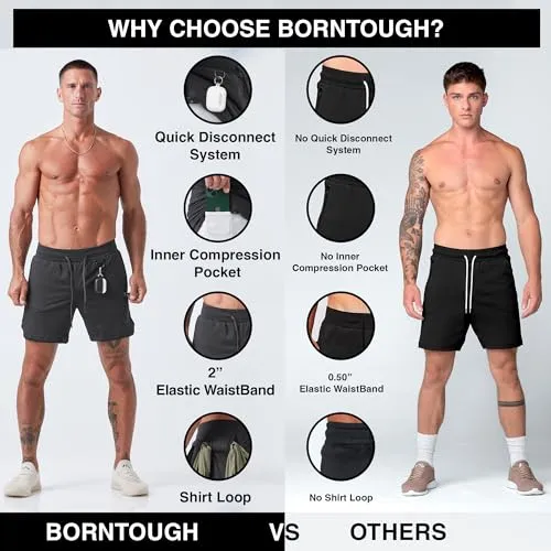 Born Tough 2 in 1 Mens Workout Shorts, 7 Inch Inseam Gym Shorts, Athletic Shorts for Bodybuilding, Running with Liner Pocket Ink Black