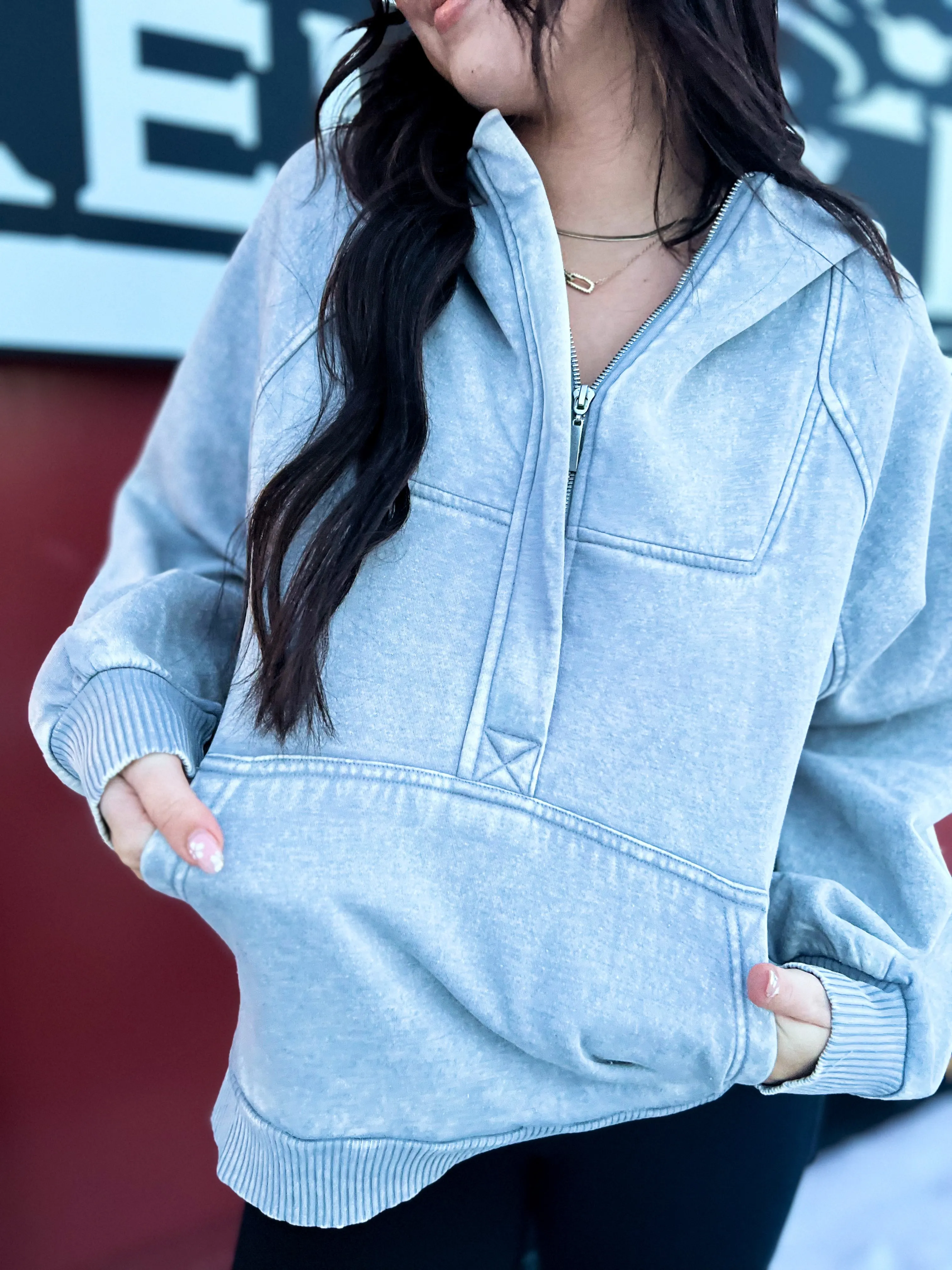 Casual Charm Oversized Kangaroo Hoodie- Sleet