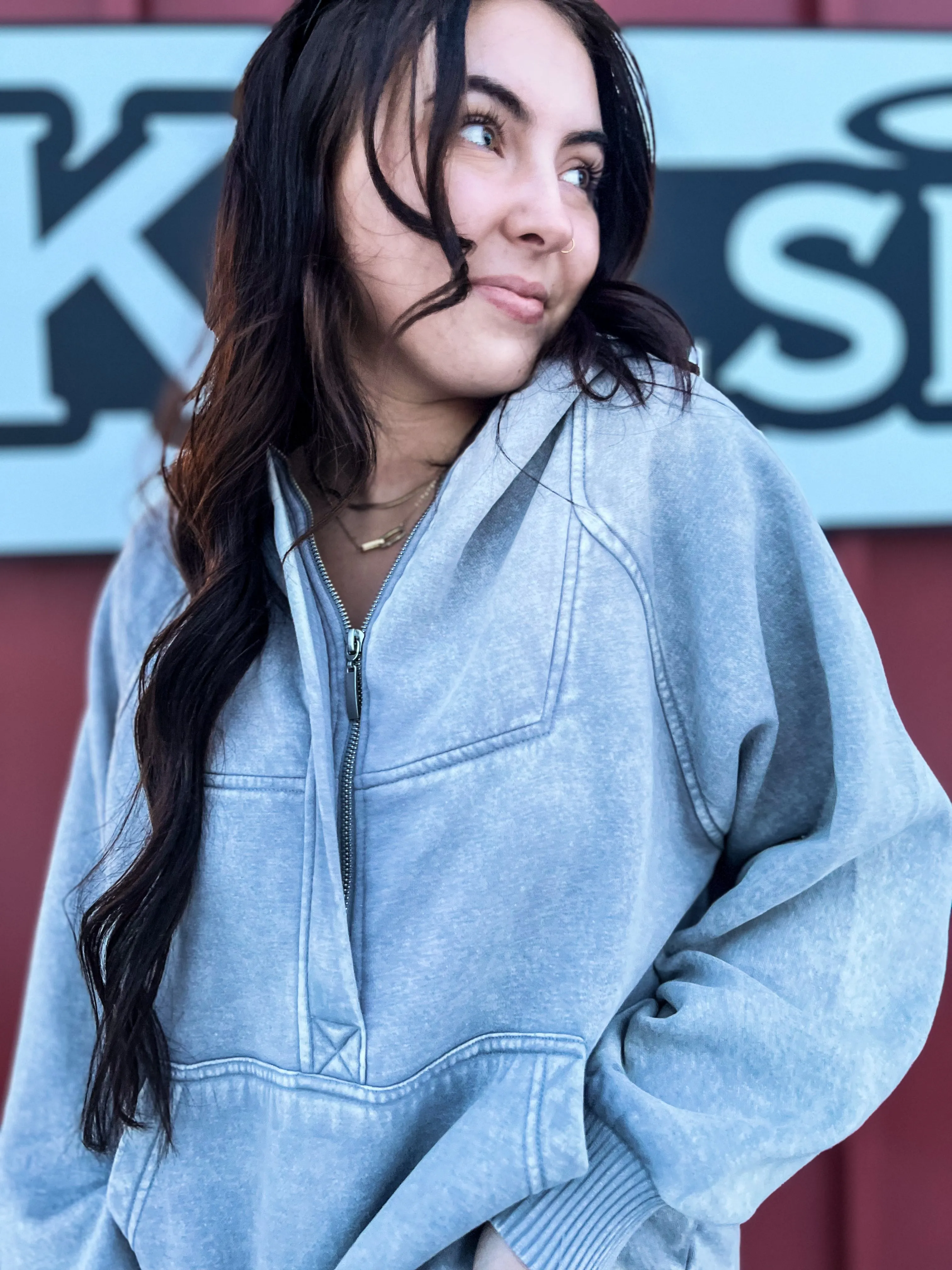 Casual Charm Oversized Kangaroo Hoodie- Sleet
