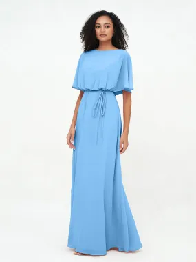 Chiffon Full Length Bridesmaid Dresses with Wrap Blue