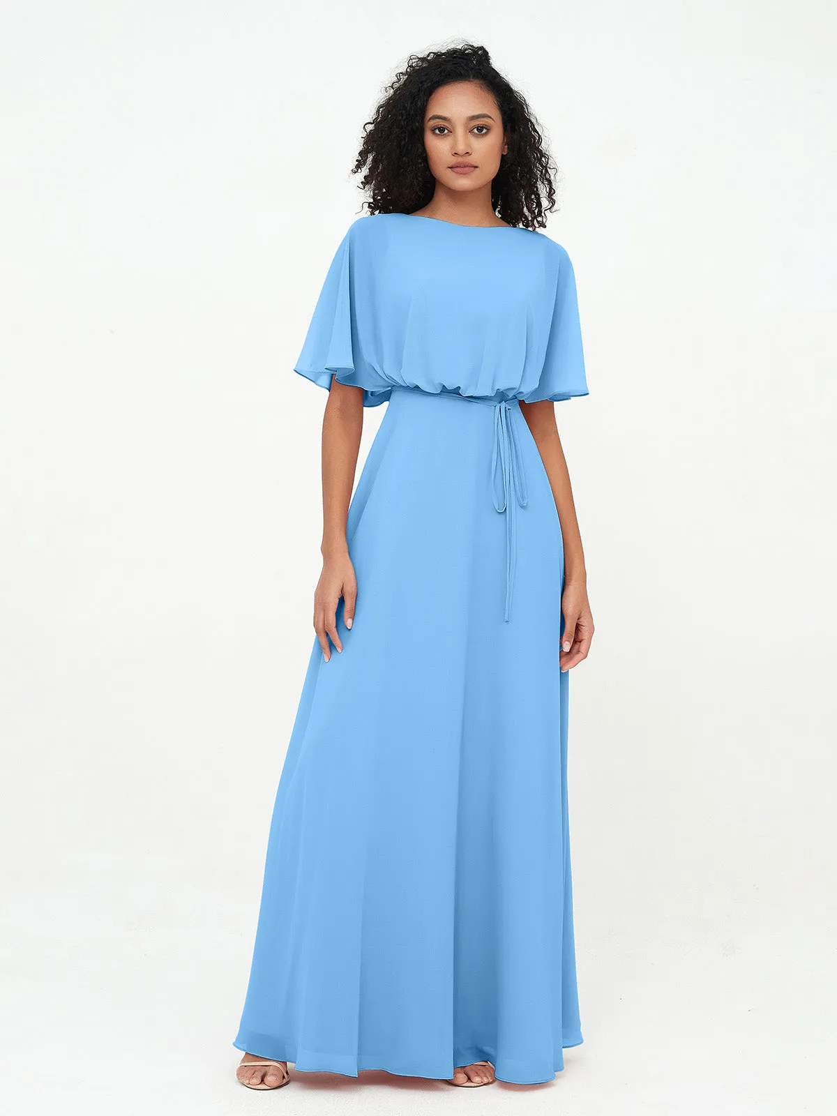 Chiffon Full Length Bridesmaid Dresses with Wrap Blue
