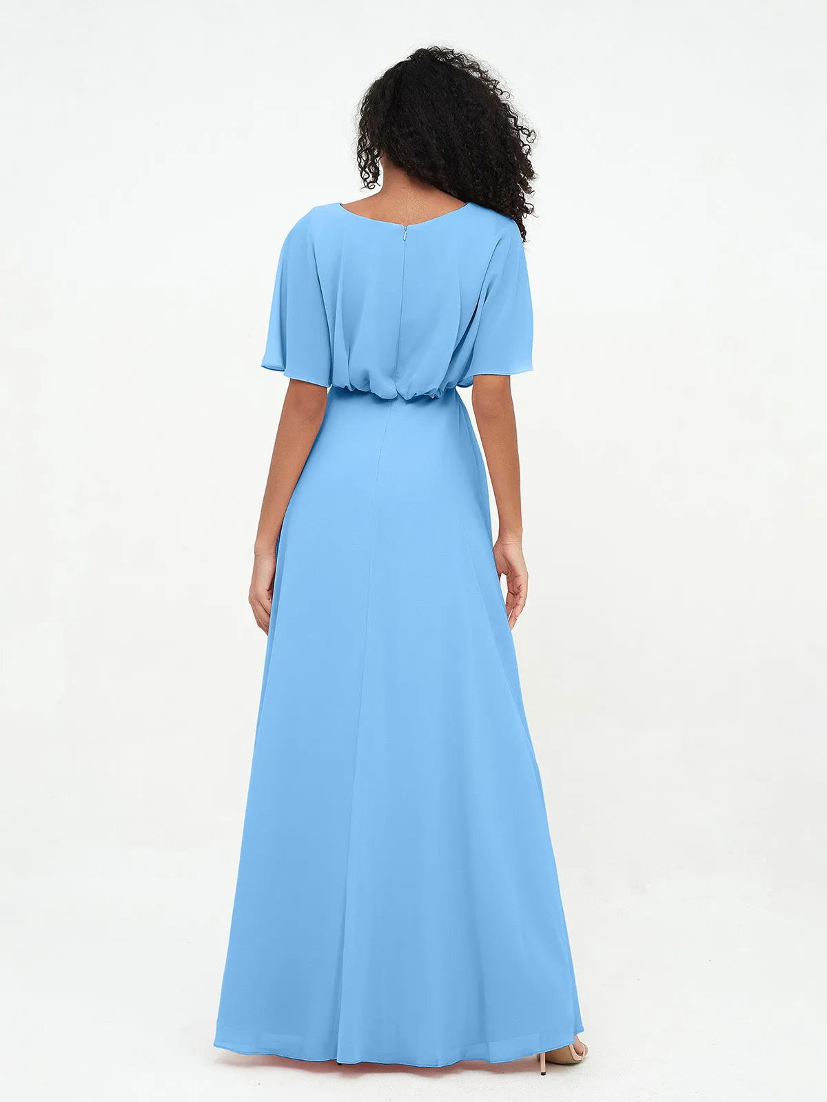 Chiffon Full Length Bridesmaid Dresses with Wrap Blue
