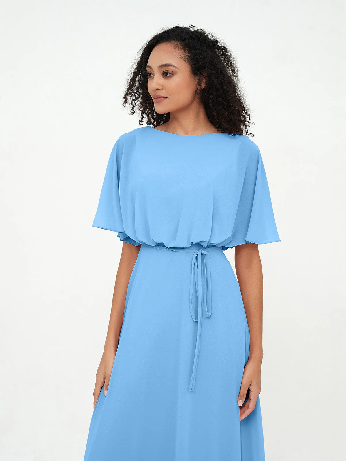 Chiffon Full Length Bridesmaid Dresses with Wrap Blue
