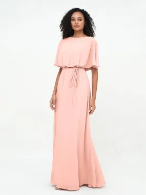 Chiffon Full Length Bridesmaid Dresses with Wrap Coral Plus Size