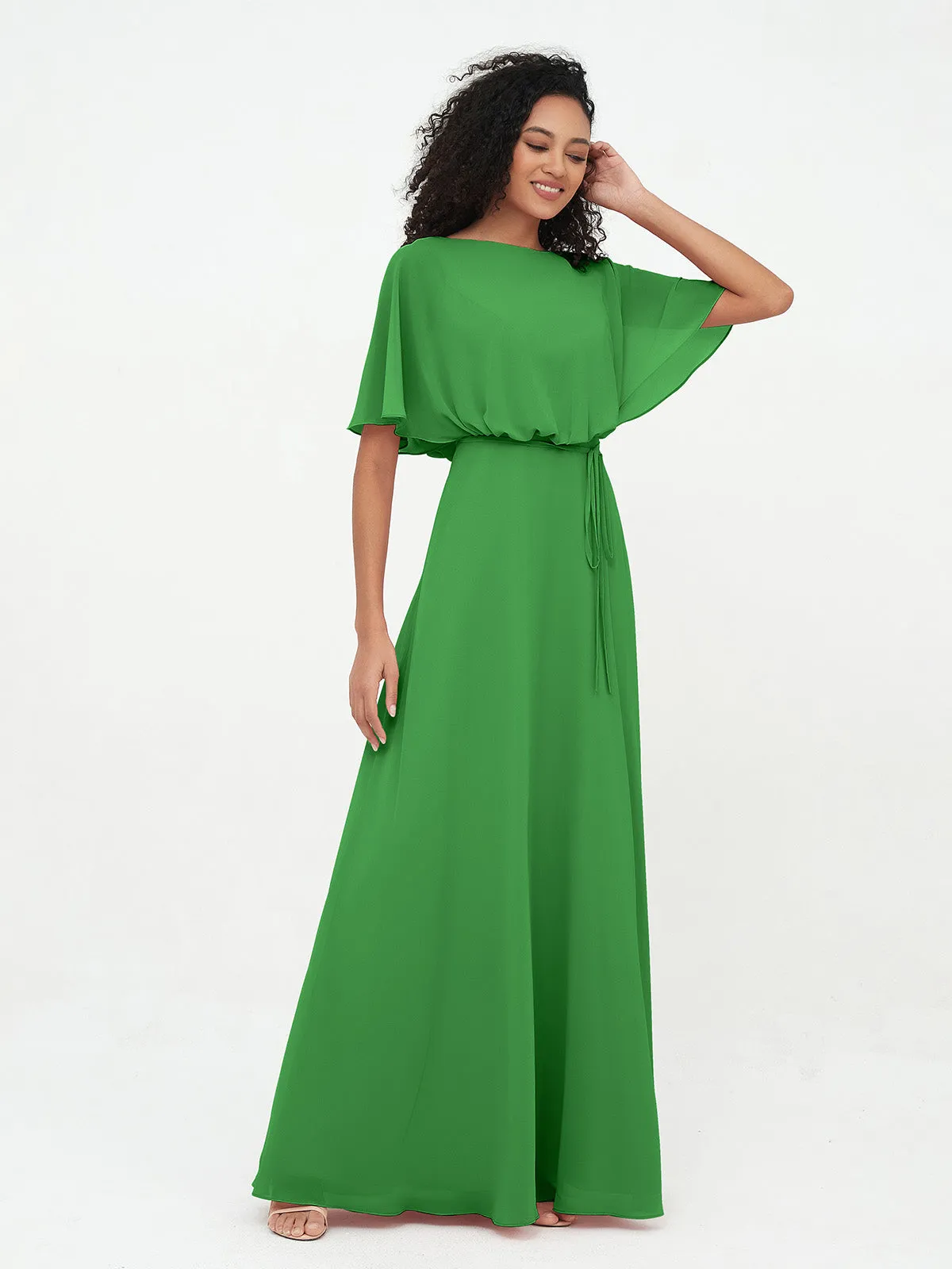 Chiffon Full Length Bridesmaid Dresses with Wrap Green Plus Size