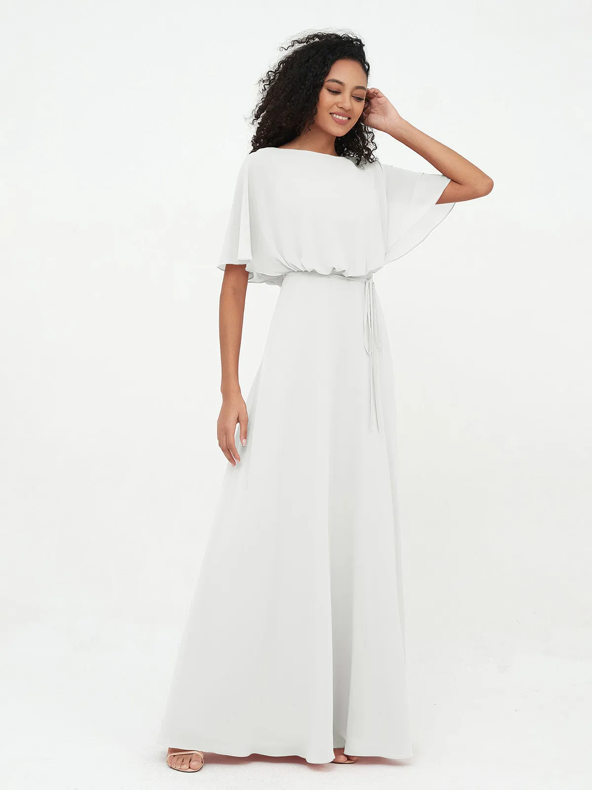 Chiffon Full Length Bridesmaid Dresses with Wrap Ivory