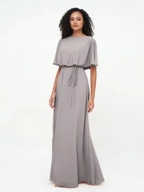 Chiffon Full Length Bridesmaid Dresses with Wrap Silver Plus Size