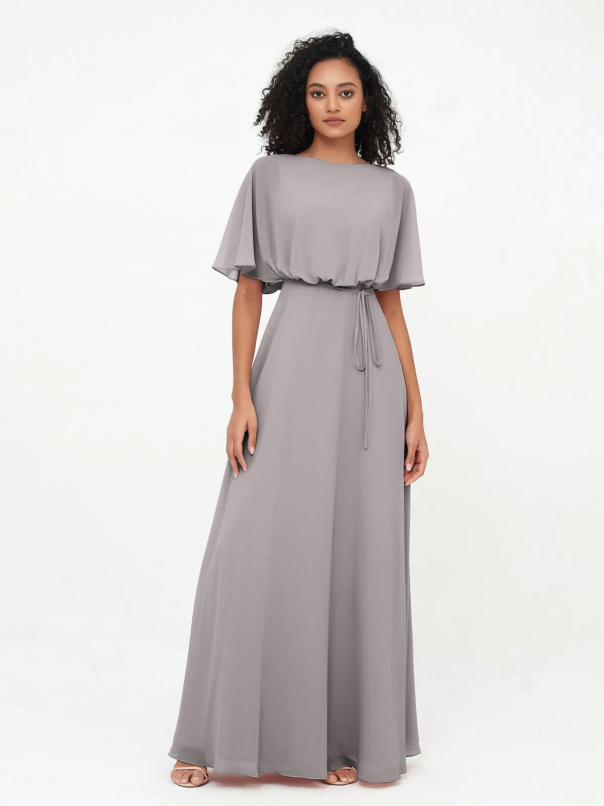 Chiffon Full Length Bridesmaid Dresses with Wrap Silver Plus Size