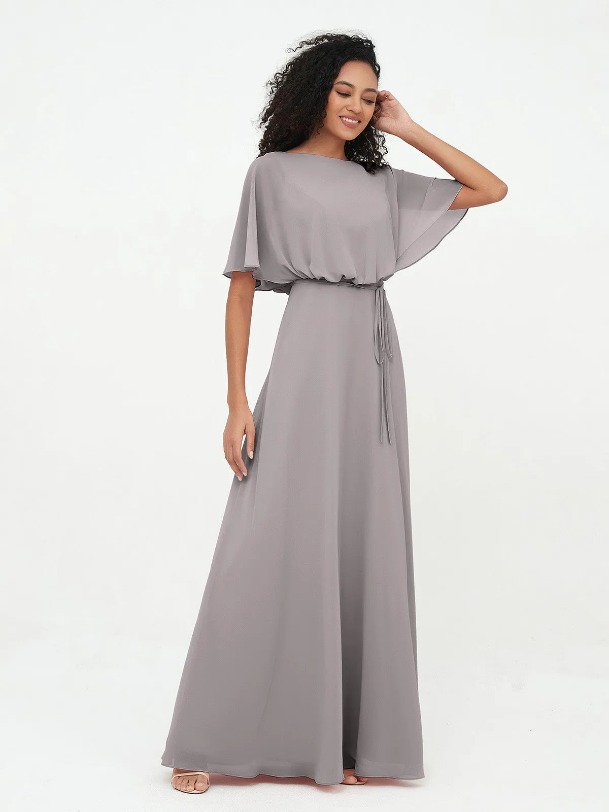 Chiffon Full Length Bridesmaid Dresses with Wrap Silver Plus Size