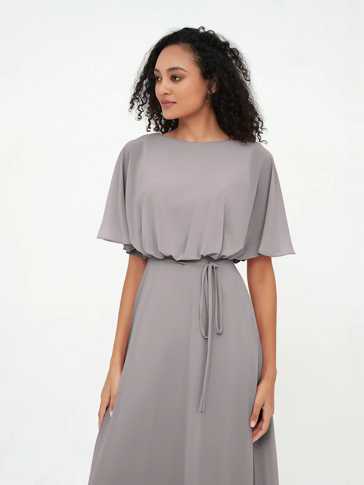 Chiffon Full Length Bridesmaid Dresses with Wrap Silver Plus Size