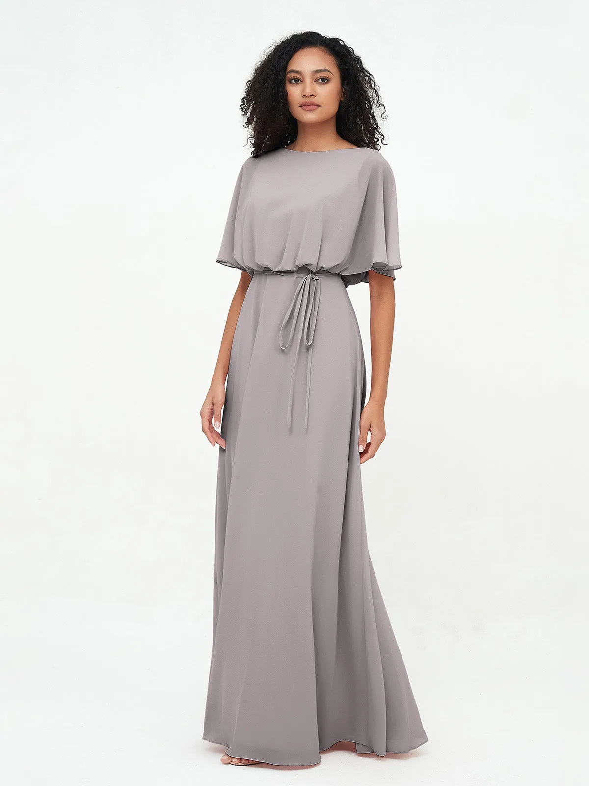Chiffon Full Length Bridesmaid Dresses with Wrap Silver Plus Size