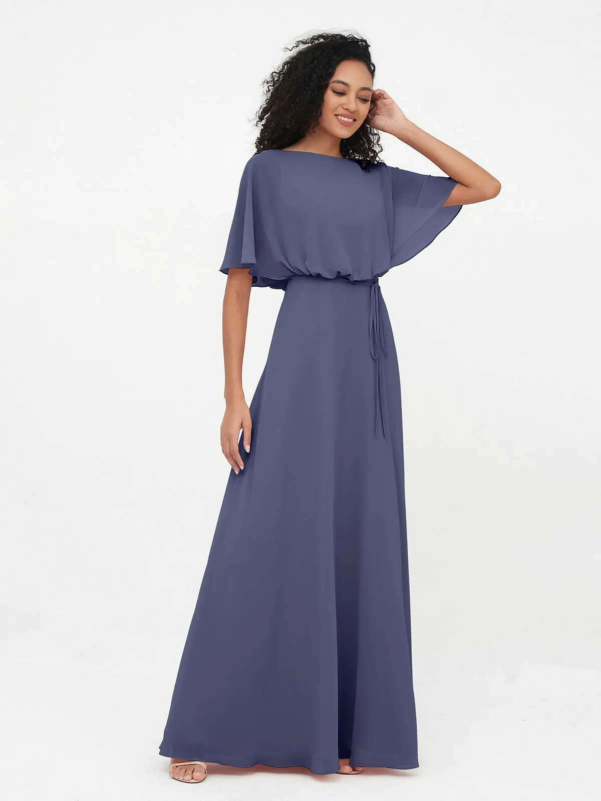 Chiffon Full Length Bridesmaid Dresses with Wrap Stormy