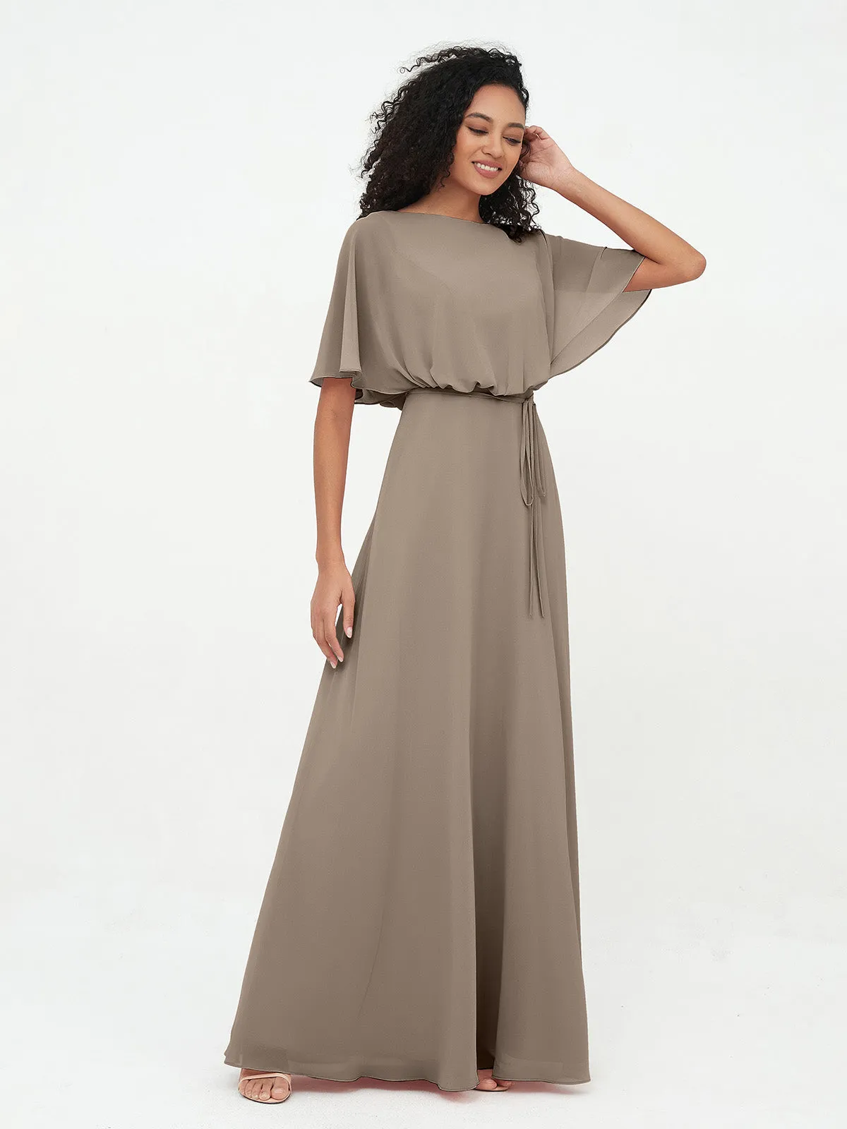 Chiffon Full Length Bridesmaid Dresses with Wrap Taupe Plus Size