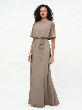 Chiffon Full Length Bridesmaid Dresses with Wrap Taupe Plus Size