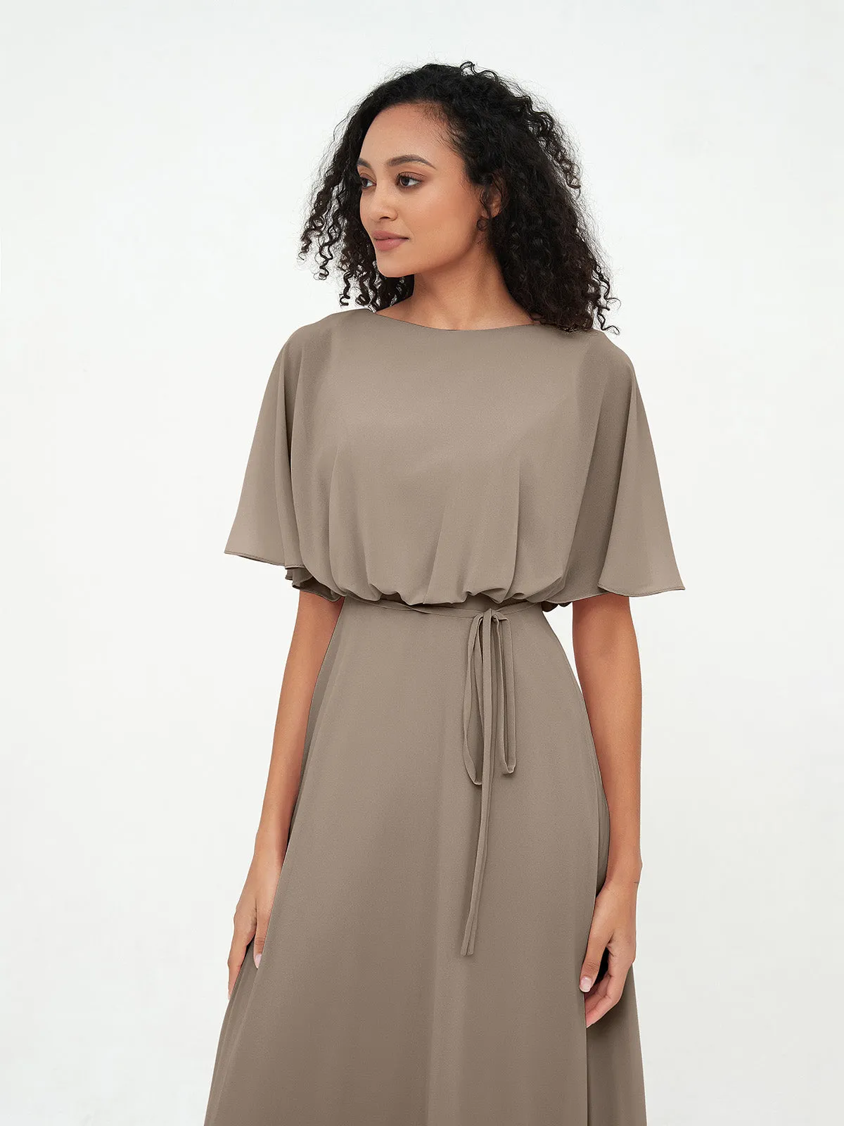 Chiffon Full Length Bridesmaid Dresses with Wrap Taupe Plus Size