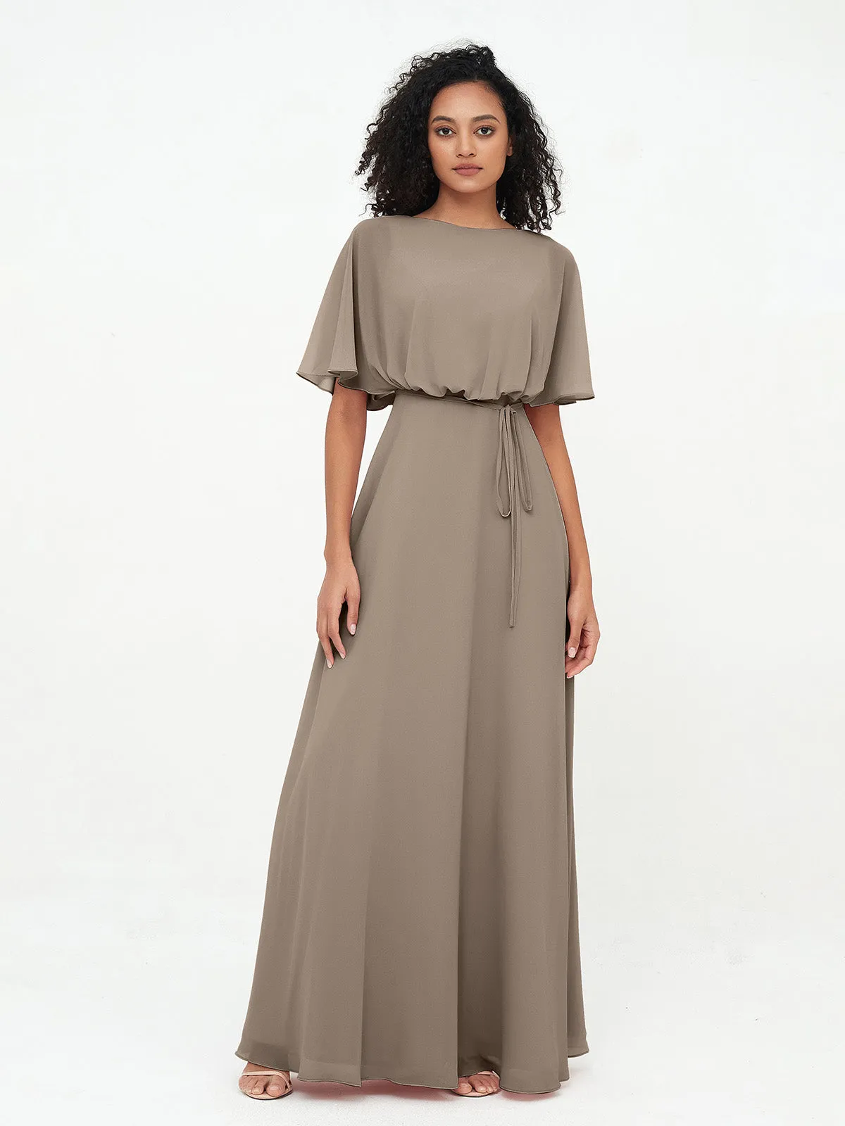 Chiffon Full Length Bridesmaid Dresses with Wrap Taupe Plus Size