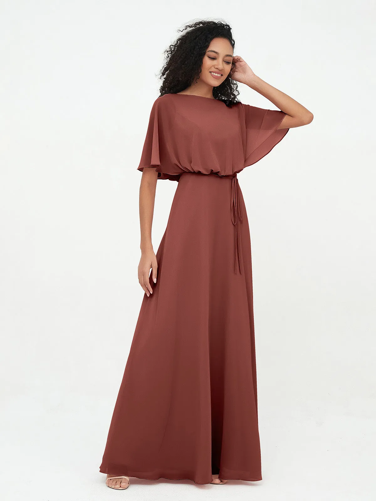 Chiffon Full Length Bridesmaid Dresses with Wrap Terracotta Plus Size