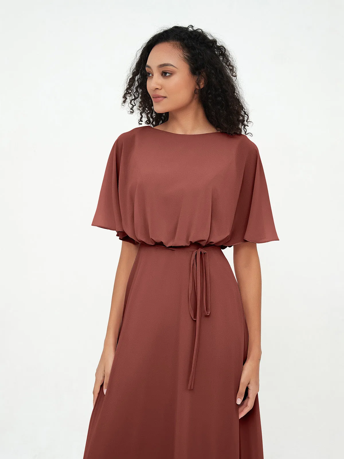 Chiffon Full Length Bridesmaid Dresses with Wrap Terracotta Plus Size